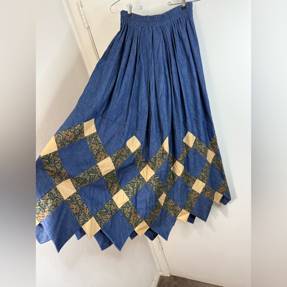 Vintage Chambray denim, paisley patchwork, elastic waistband maxi skirt S/M - Picture 5 of 6